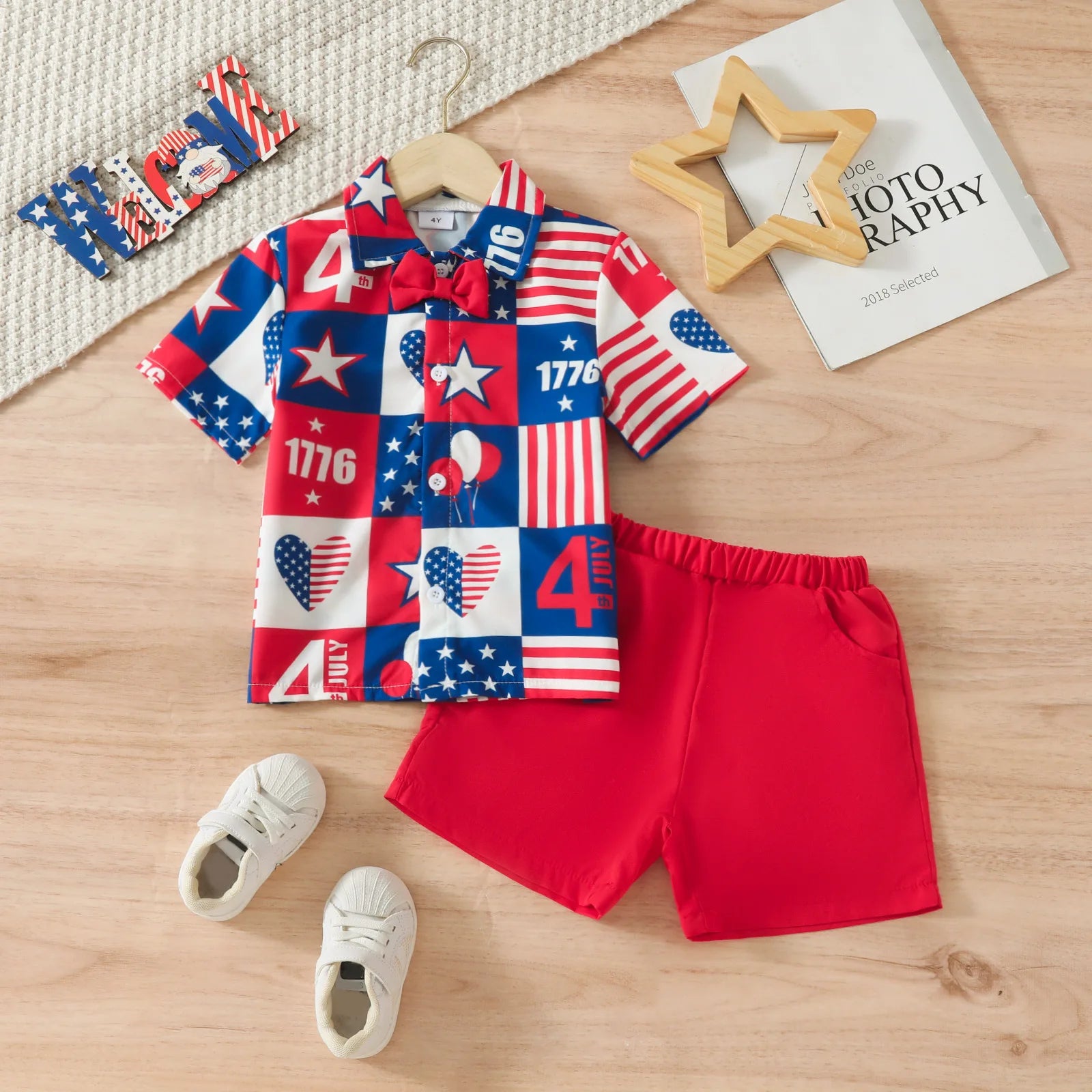 Children Boys' Fashion Independence Day Print T-Shirt & Shorts Set, Stylish 2-Piece Outfit