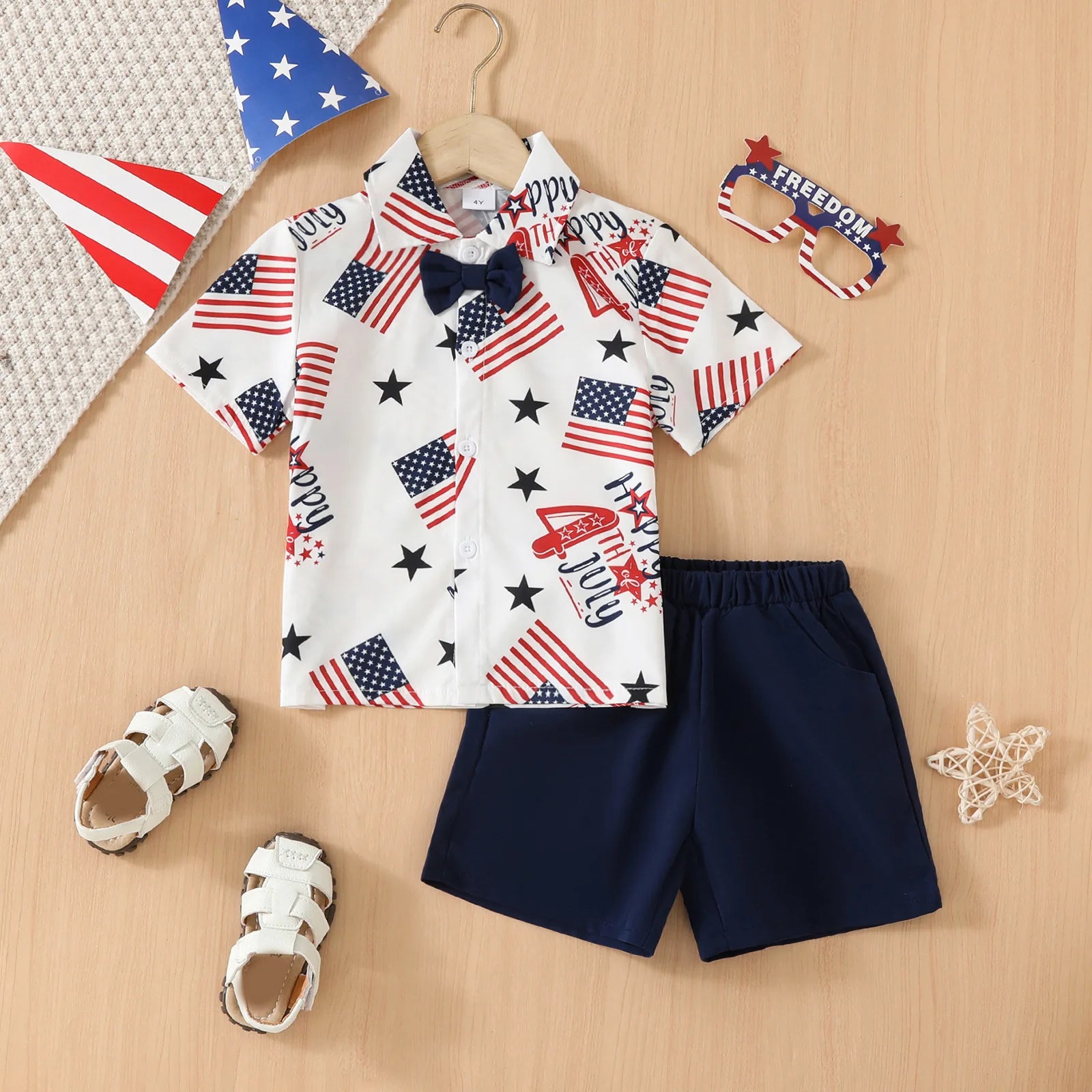 Children Boys' Fashion Independence Day Print T-Shirt & Shorts Set, Stylish 2-Piece Outfit