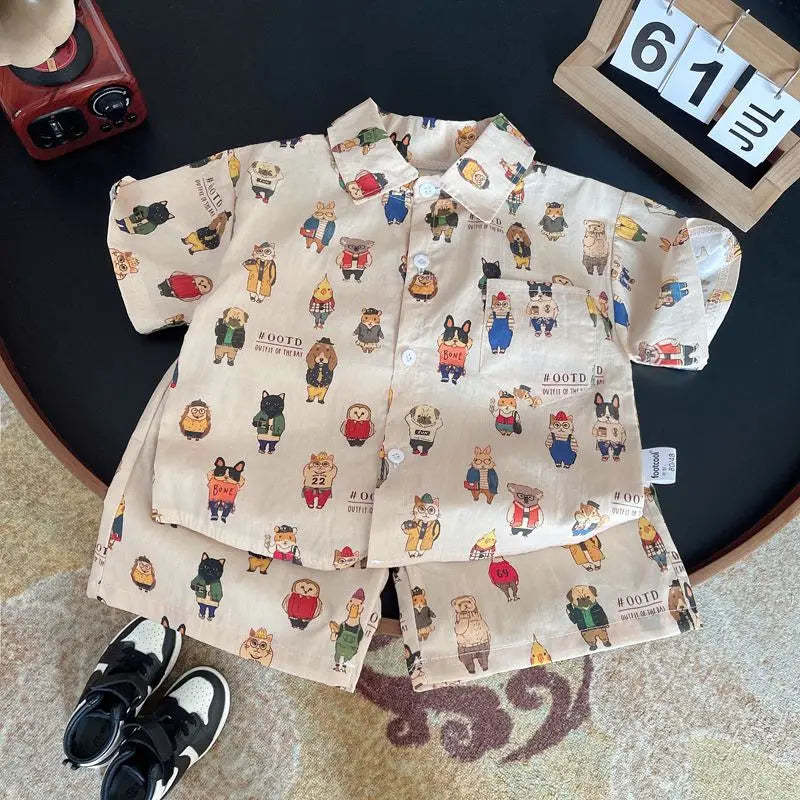 Children Clothing 2025 New Fashionable Flower Suit Baby Short Sleeve Shirt Shorts Handsome Retro Casual Shorts Two Piece Set