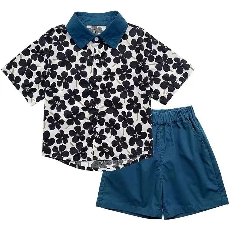 Children Clothing 2025 New Fashionable Flower Suit Baby Short Sleeve Shirt Shorts Handsome Retro Casual Shorts Two Piece Set