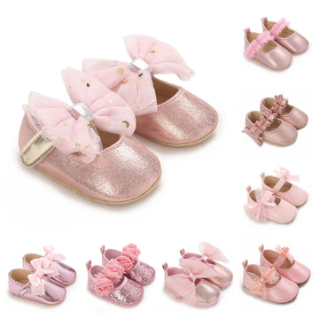 Spring And Autumn Bow 0-18 Months Newborns Wearing Outward Walking Shoes With Durable Soft Sole And Non Slip Princess Shoes
