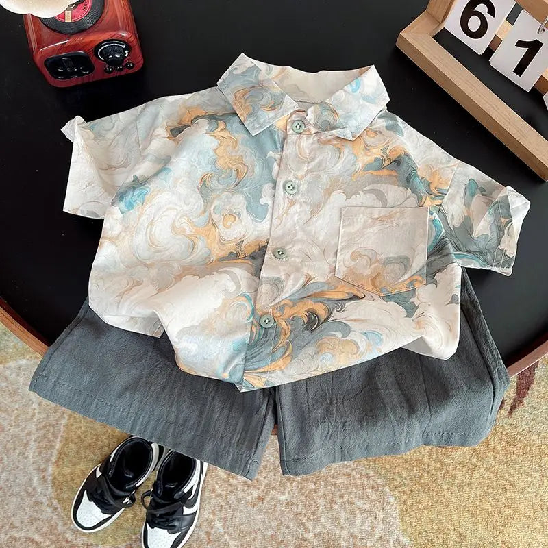 Children Clothing 2025 New Fashionable Flower Suit Baby Short Sleeve Shirt Shorts Handsome Retro Casual Shorts Two Piece Set