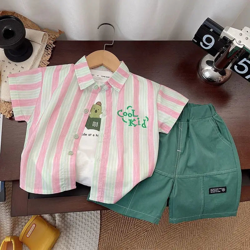 Children Clothing 2025 New Fashionable Flower Suit Baby Short Sleeve Shirt Shorts Handsome Retro Casual Shorts Two Piece Set