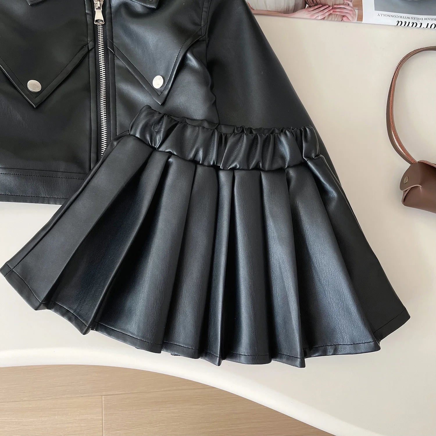 Childrens Clothing Set 2024 Autumn New Girls Leather Jacket Short Skirt Fashion Temperament Two-piece Set