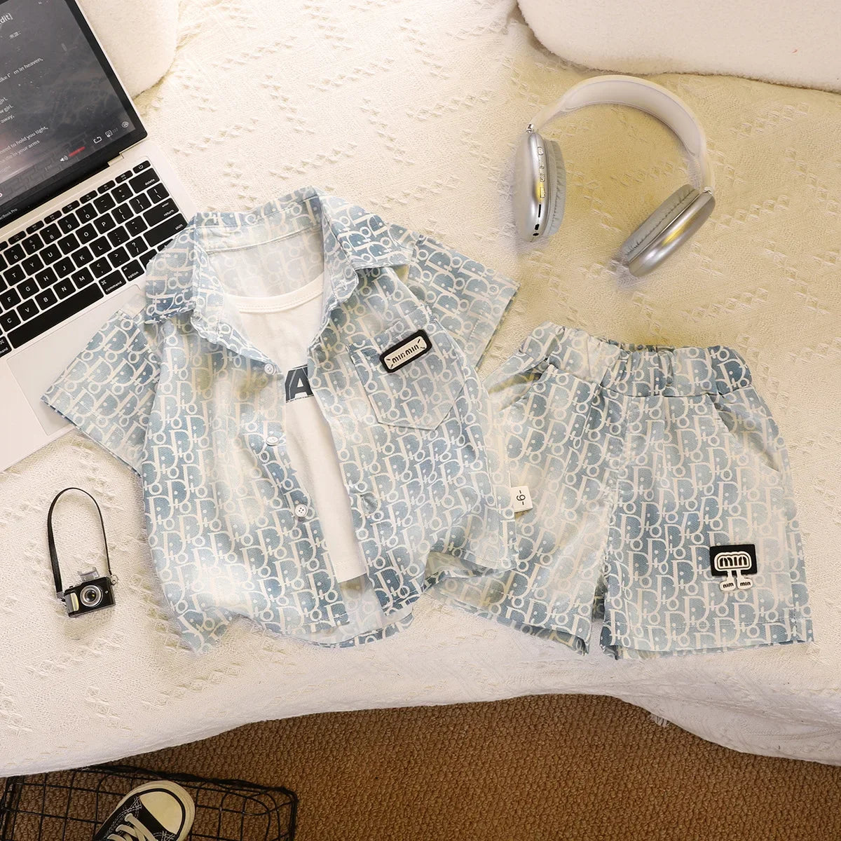 Kid Fashion Boy Outfit Two Piece Set Light Blue Short Sleeve Top Shirt Plain Shorts Children Clothing