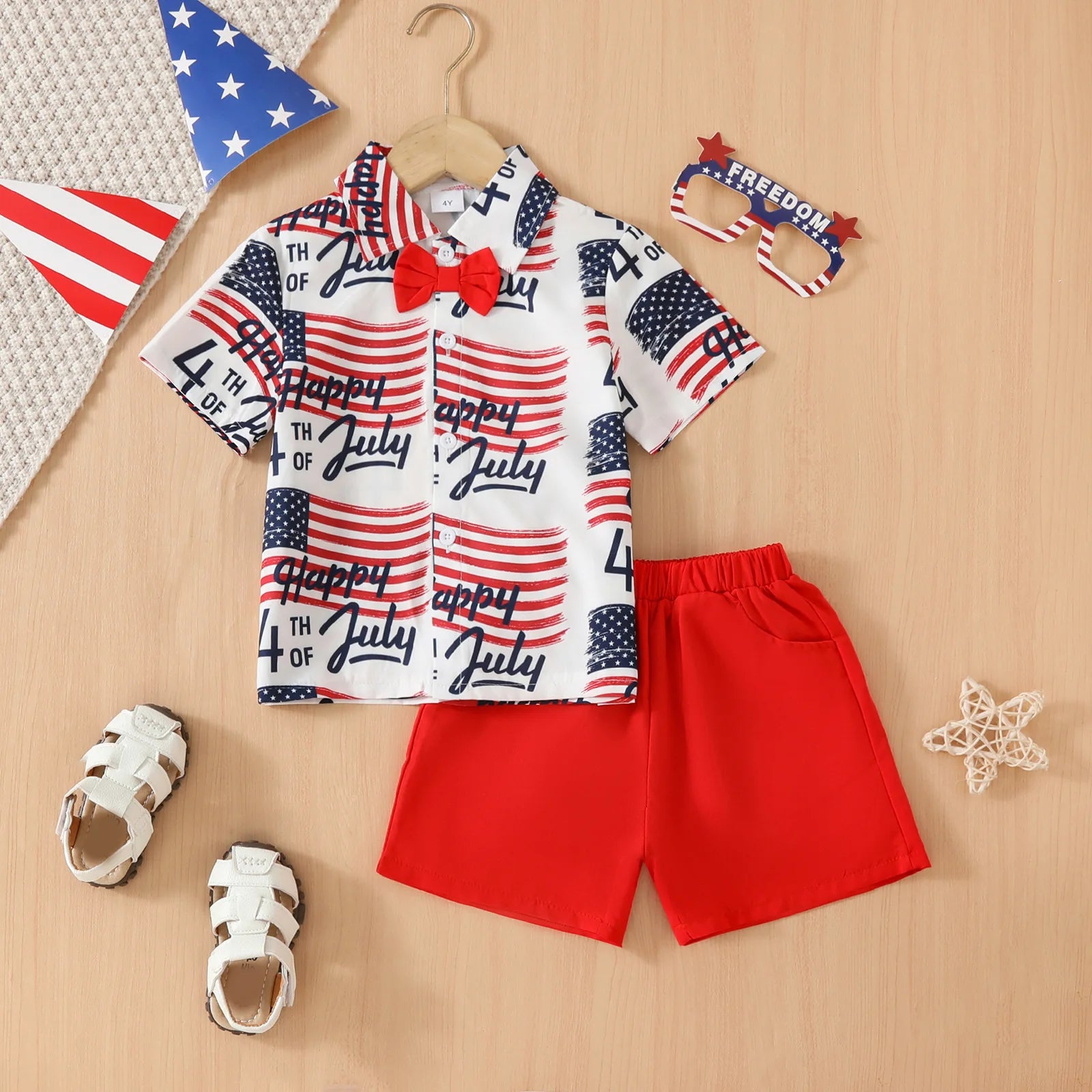 Children Boys' Fashion Independence Day Print T-Shirt & Shorts Set, Stylish 2-Piece Outfit