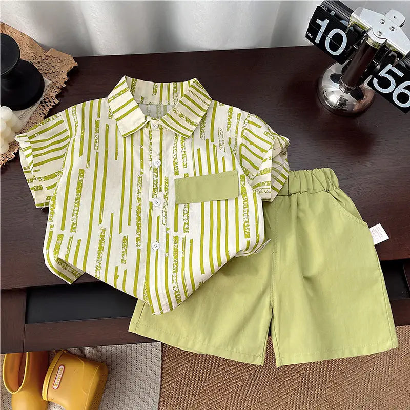 Children Clothing 2025 New Fashionable Flower Suit Baby Short Sleeve Shirt Shorts Handsome Retro Casual Shorts Two Piece Set