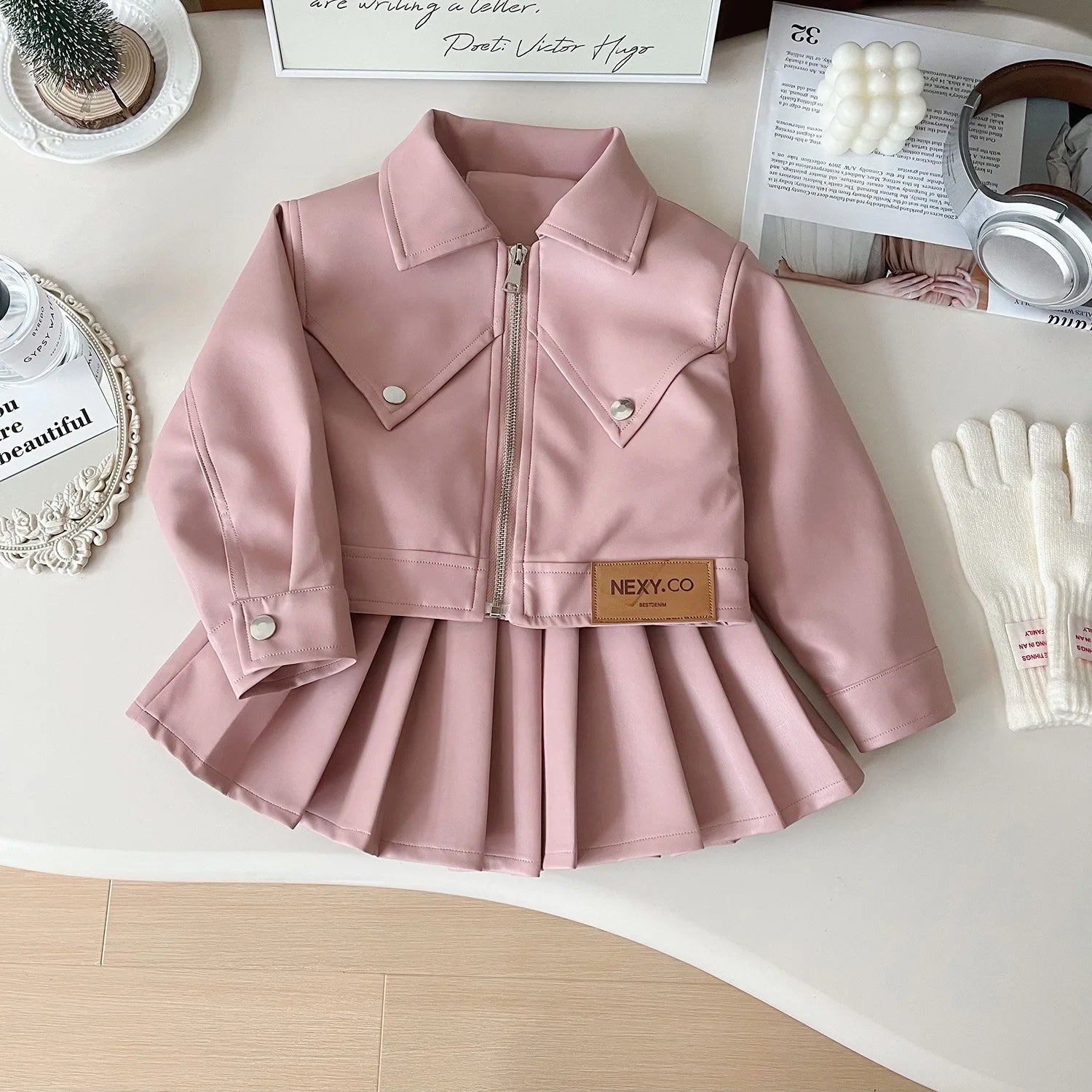 Childrens Clothing Set 2024 Autumn New Girls Leather Jacket Short Skirt Fashion Temperament Two-piece Set