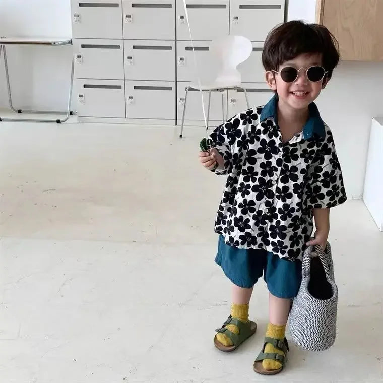 Children Clothing 2025 New Fashionable Flower Suit Baby Short Sleeve Shirt Shorts Handsome Retro Casual Shorts Two Piece Set