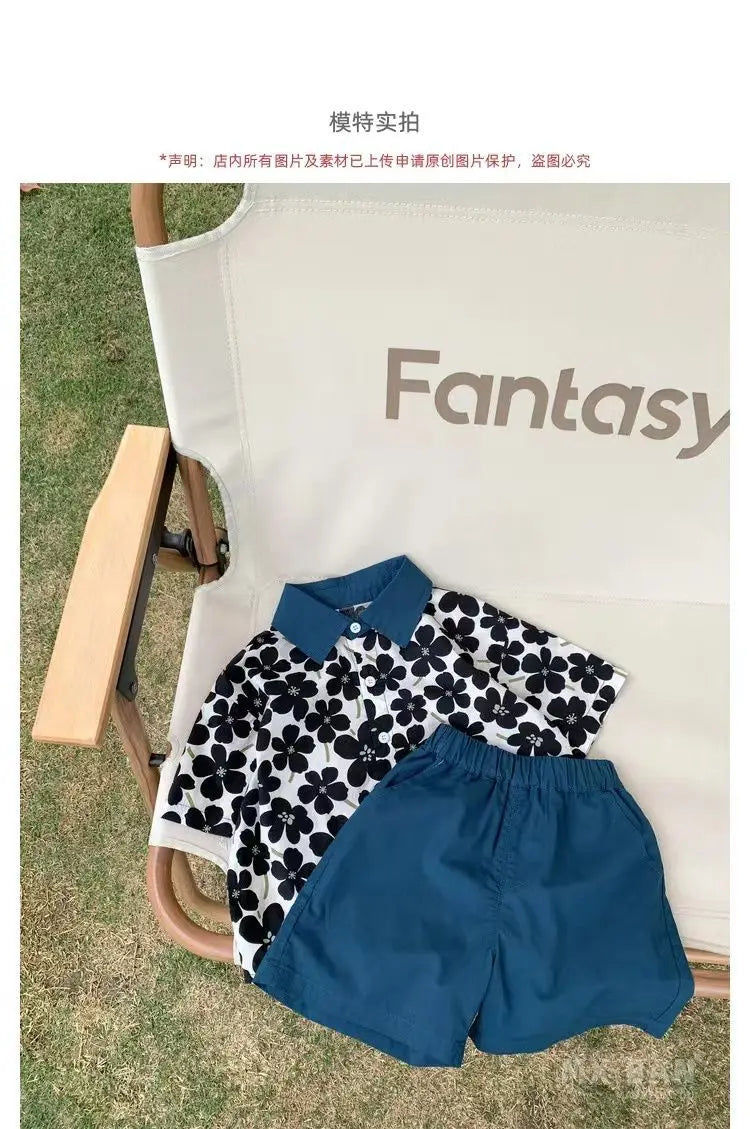 Children Clothing 2025 New Fashionable Flower Suit Baby Short Sleeve Shirt Shorts Handsome Retro Casual Shorts Two Piece Set