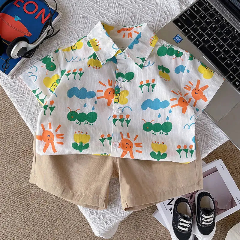 Children Clothing 2025 New Fashionable Flower Suit Baby Short Sleeve Shirt Shorts Handsome Retro Casual Shorts Two Piece Set