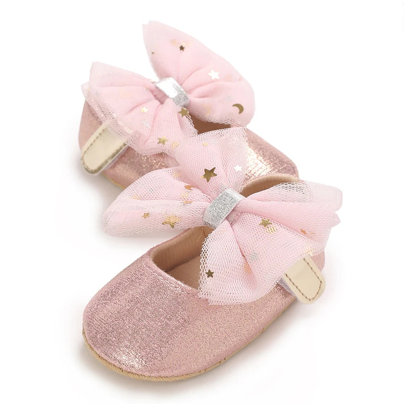 Spring And Autumn Bow 0-18 Months Newborns Wearing Outward Walking Shoes With Durable Soft Sole And Non Slip Princess Shoes