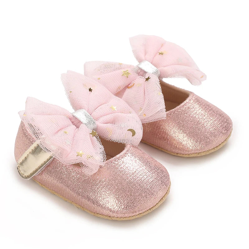 Spring And Autumn Bow 0-18 Months Newborns Wearing Outward Walking Shoes With Durable Soft Sole And Non Slip Princess Shoes