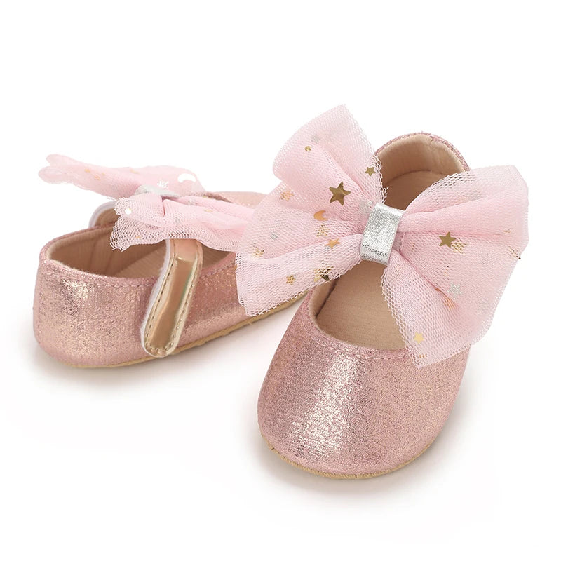 Spring And Autumn Bow 0-18 Months Newborns Wearing Outward Walking Shoes With Durable Soft Sole And Non Slip Princess Shoes