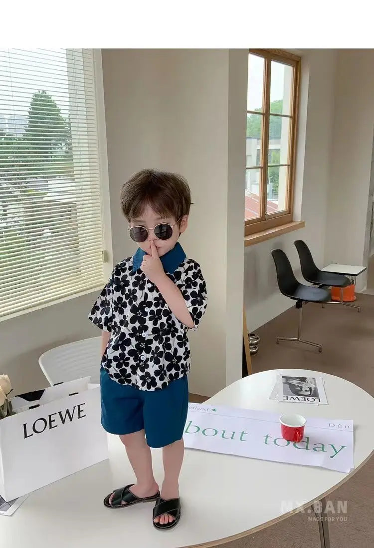 Children Clothing 2025 New Fashionable Flower Suit Baby Short Sleeve Shirt Shorts Handsome Retro Casual Shorts Two Piece Set