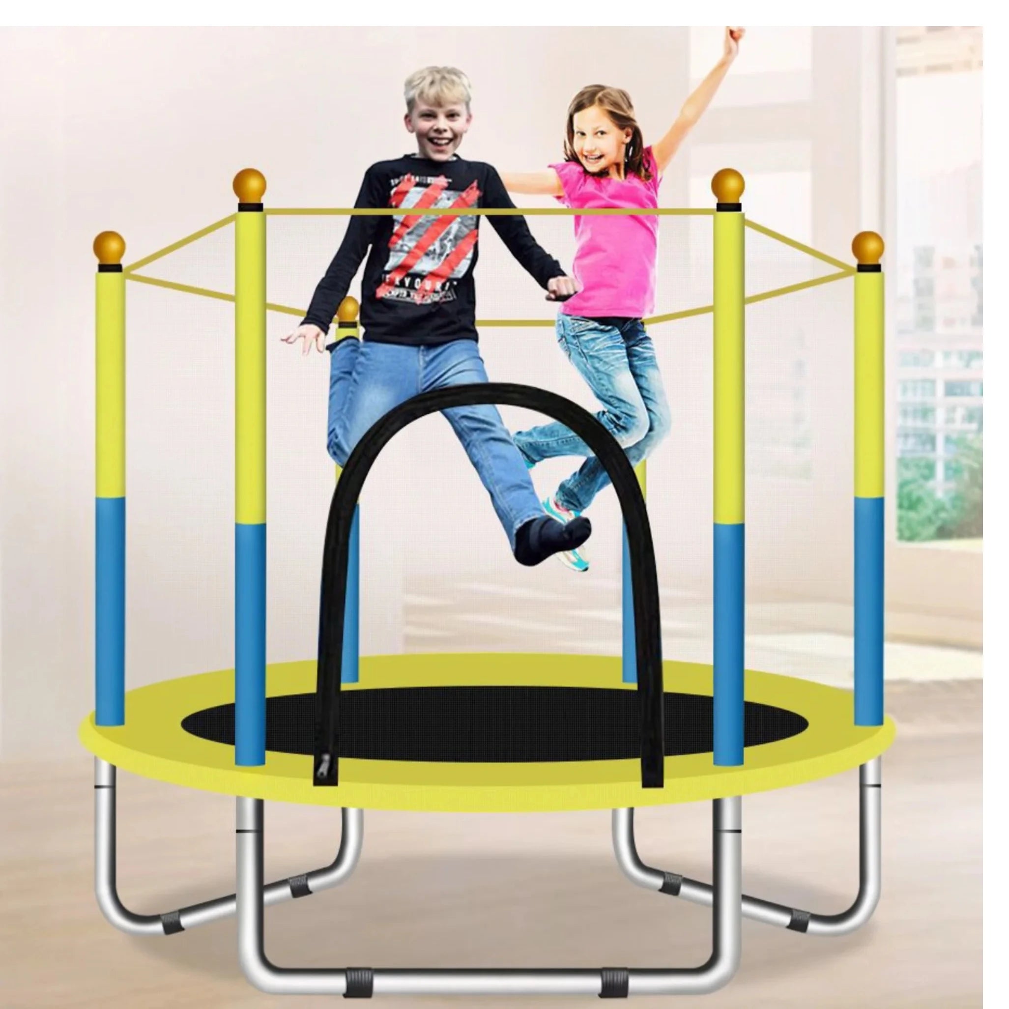 Portable trampoline for kids 140cm/160cm, anti-collision foam for jumping and indoor trampoline activities