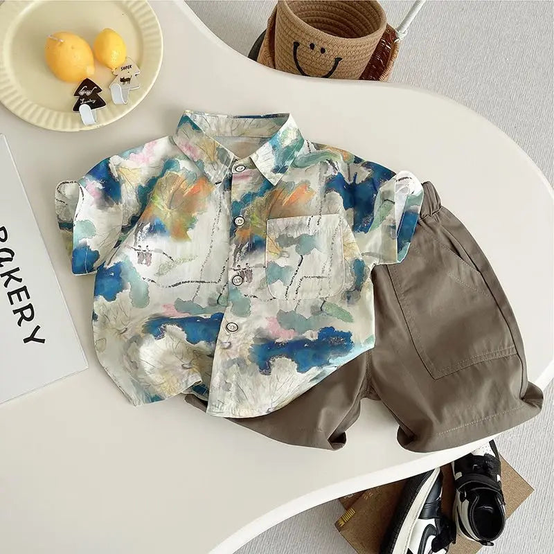 Children Clothing 2025 New Fashionable Flower Suit Baby Short Sleeve Shirt Shorts Handsome Retro Casual Shorts Two Piece Set