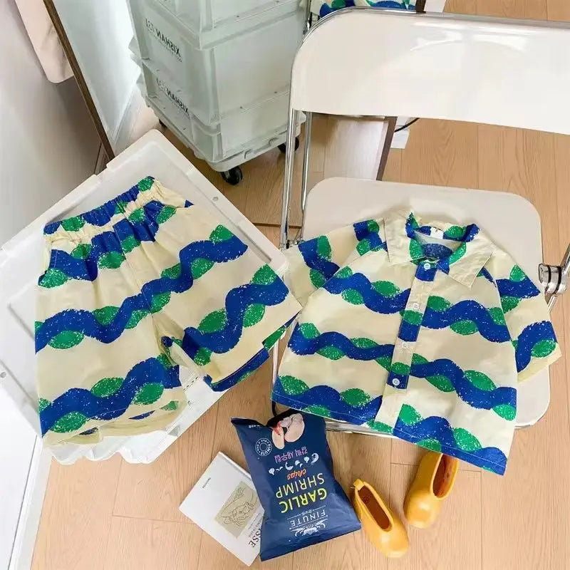 Children Clothing 2025 New Fashionable Flower Suit Baby Short Sleeve Shirt Shorts Handsome Retro Casual Shorts Two Piece Set