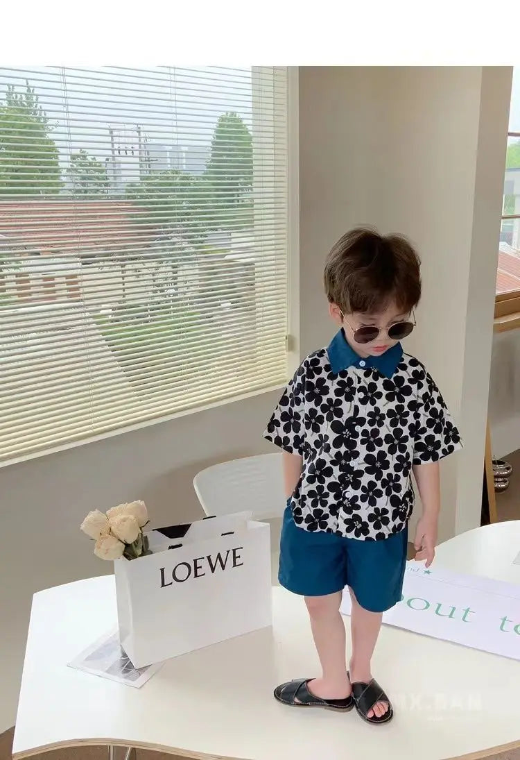 Children Clothing 2025 New Fashionable Flower Suit Baby Short Sleeve Shirt Shorts Handsome Retro Casual Shorts Two Piece Set