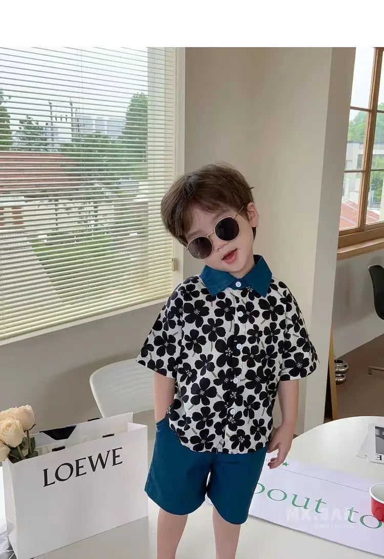 Children Clothing 2025 New Fashionable Flower Suit Baby Short Sleeve Shirt Shorts Handsome Retro Casual Shorts Two Piece Set
