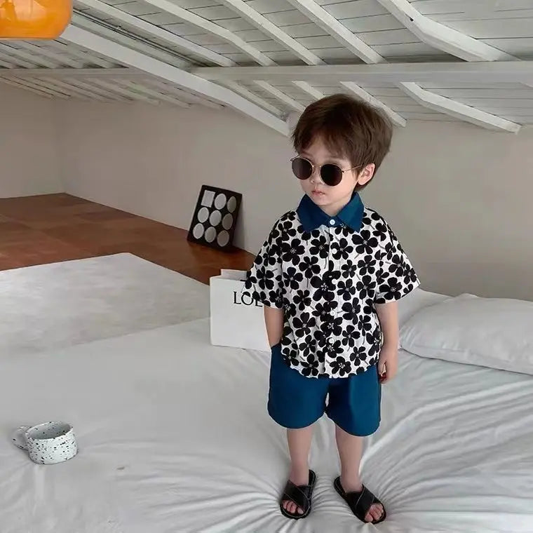 Children Clothing 2025 New Fashionable Flower Suit Baby Short Sleeve Shirt Shorts Handsome Retro Casual Shorts Two Piece Set