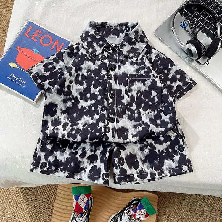 Children Clothing 2025 New Fashionable Flower Suit Baby Short Sleeve Shirt Shorts Handsome Retro Casual Shorts Two Piece Set