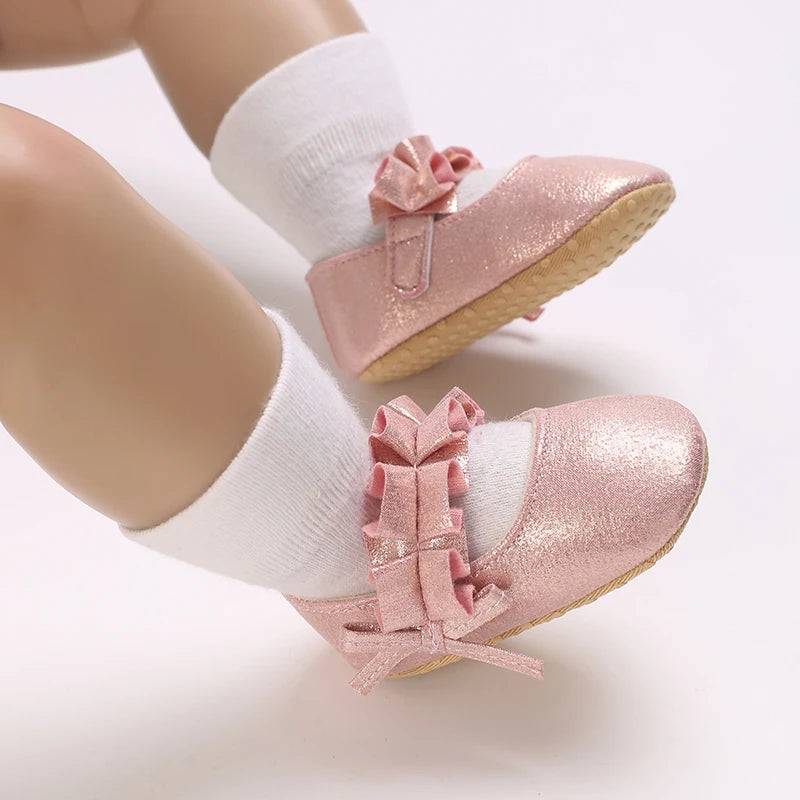 Spring And Autumn Bow 0-18 Months Newborns Wearing Outward Walking Shoes With Durable Soft Sole And Non Slip Princess Shoes