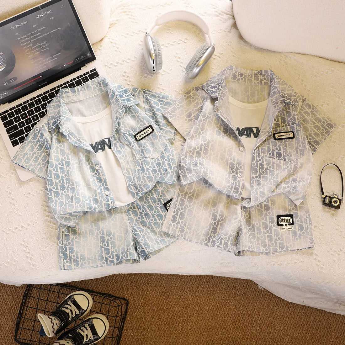 Kid Fashion Boy Outfit Two Piece Set Light Blue Short Sleeve Top Shirt Plain Shorts Children Clothing