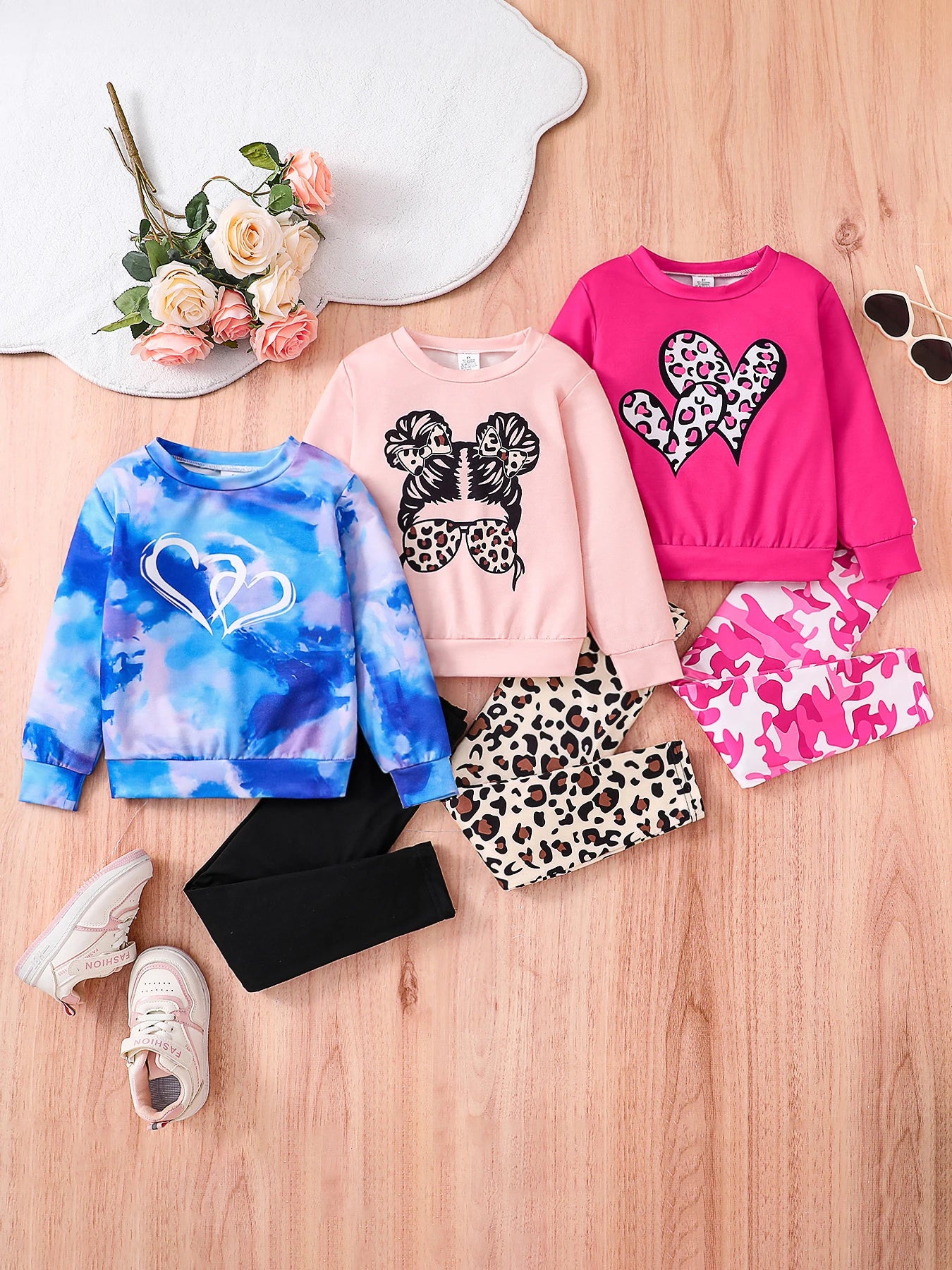 Children's Autumn Fashion Girls 3 sets of cartoon printed round neck long sleeves+slim fit elastic pants - blue red pink