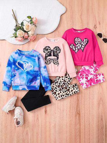 Children's Autumn Fashion Girls 3 sets of cartoon printed round neck long sleeves+slim fit elastic pants - blue red pink