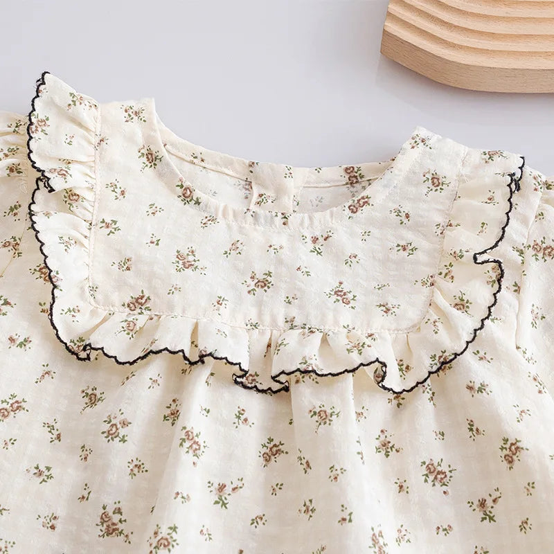 Children Clothing Girls Korean Style  Floral Fresh Shirt Baby Foreign Lace Shirt Spring New Long-sleeved Shirt